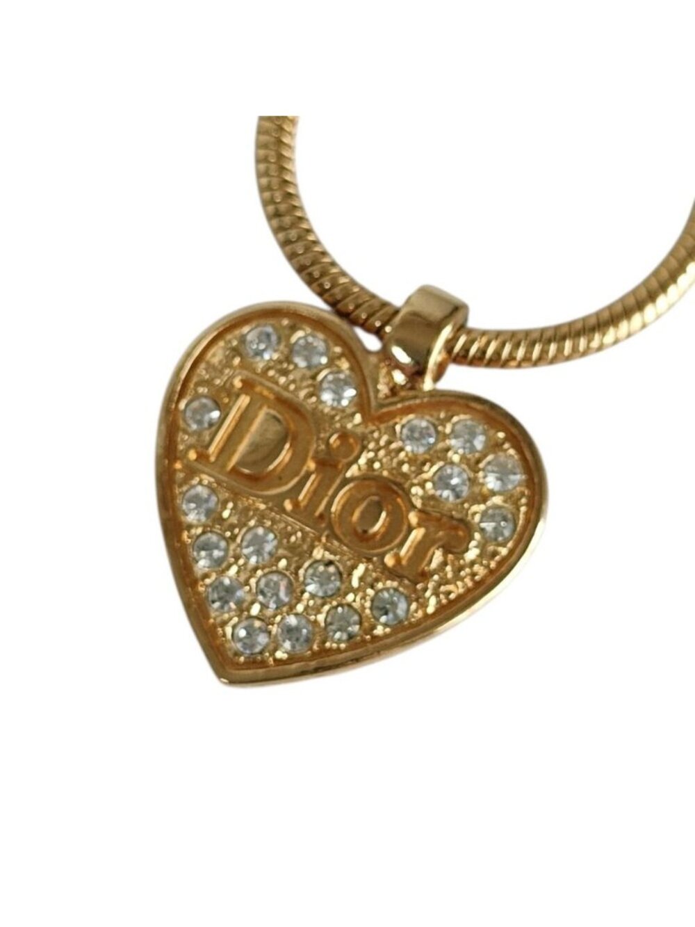 Dior Vintage Heart Logo Rhinestone Chain Necklace Gold Plated Colored